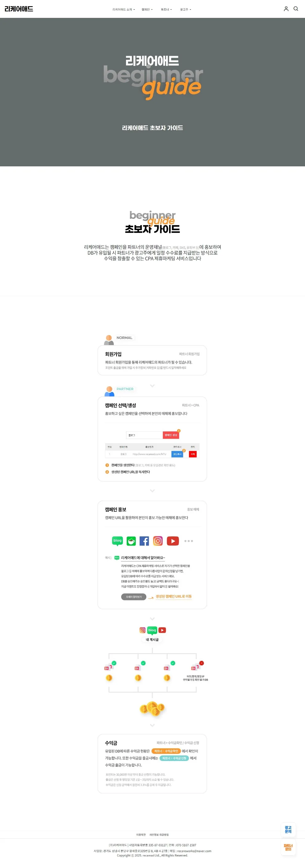리케어애드 사이트와 랜딩 페이지 제작 이미지